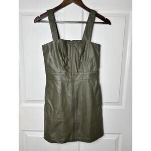 Faux Leather Mini Jumper Dress Olive Green With Pockets XXS